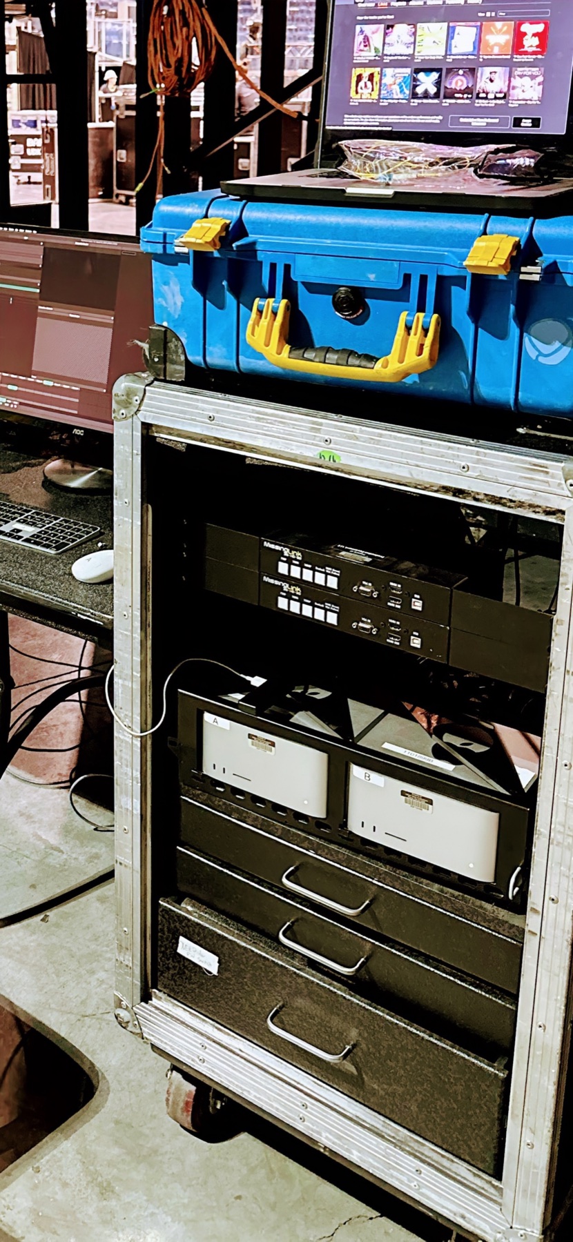 Closeup of the media-server rack and Resolume workstation during the Chase Center setup