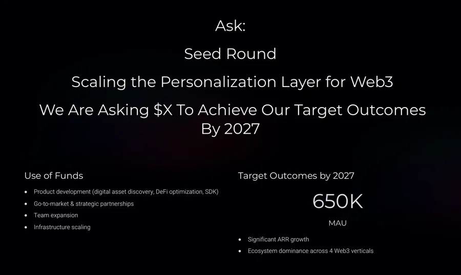 Deep3 Labs seed round ask slide with use of funds and target outcomes