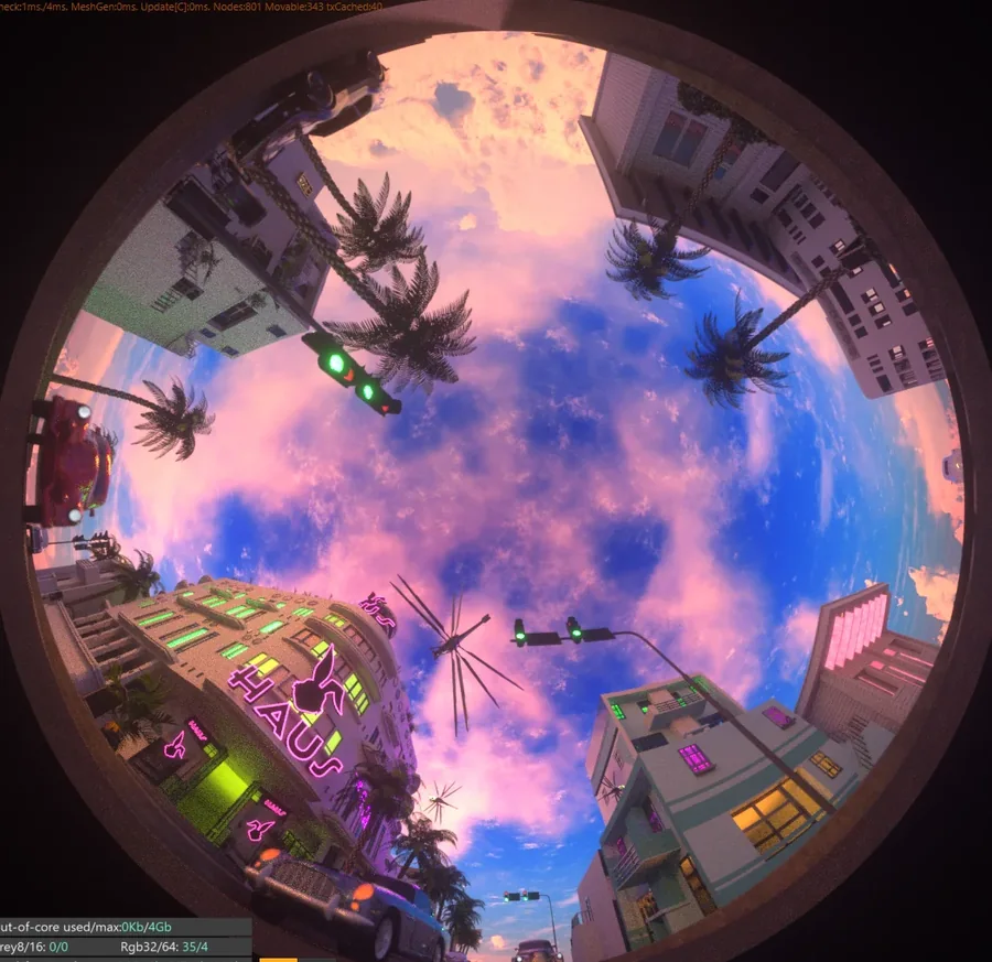 Fisheye FLUF Haus dome environment with neon buildings, palms, and sky