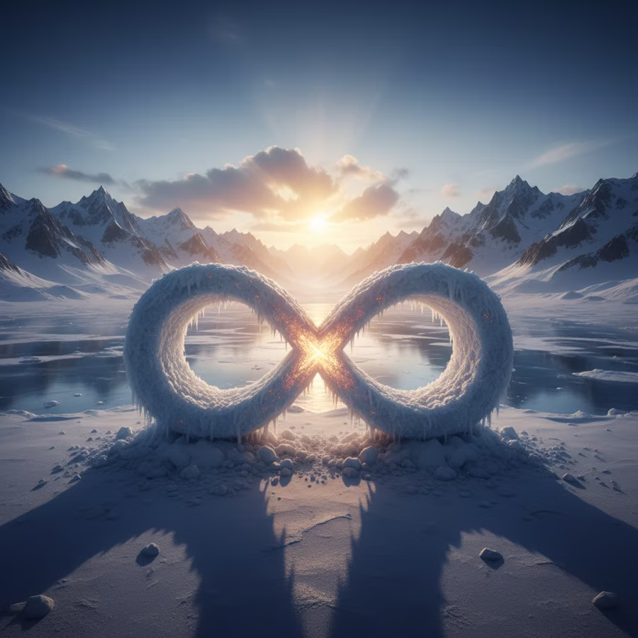 Snow-covered infinity sculpture at sunrise in an arctic mountain landscape