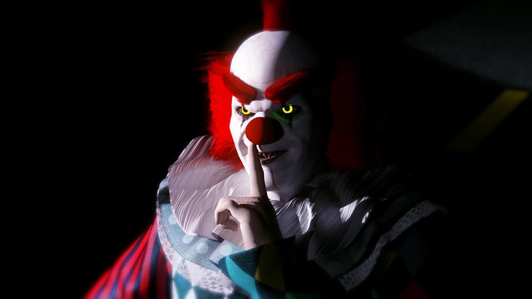 Red-and-white Halloween character emerging from darkness