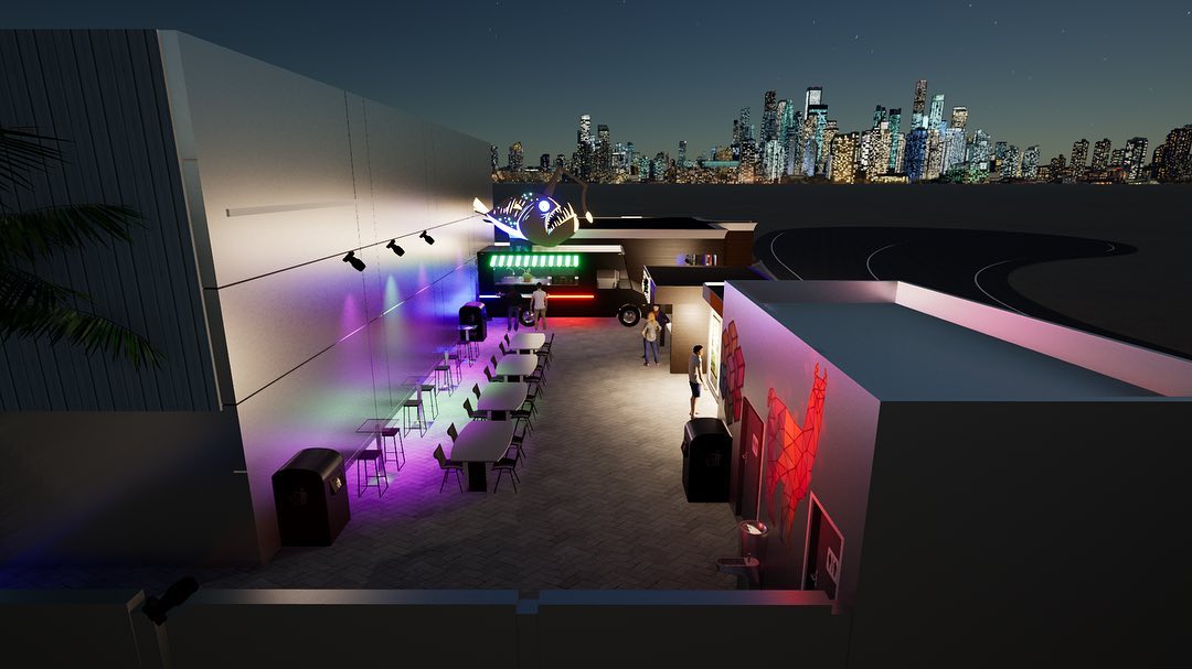 Curved illuminated counter and skyline installation at Life Is Beautiful