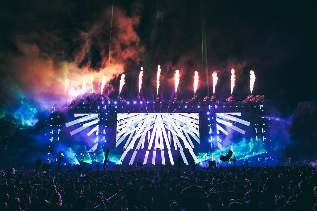 Rusko festival performance with custom visuals and pyrotechnics