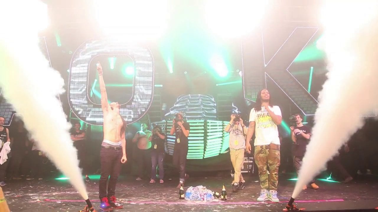 Aokify America Tour stage with Steve Aoki, performers, LED letters, and CO2 effects