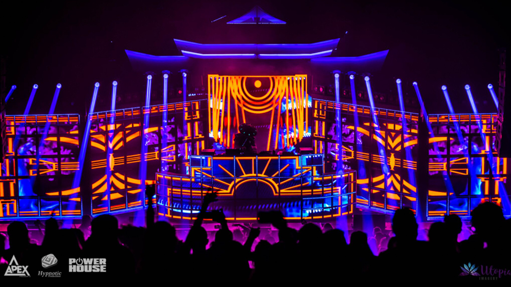 Datsik performing inside the pagoda-shaped Shogun LED stage
