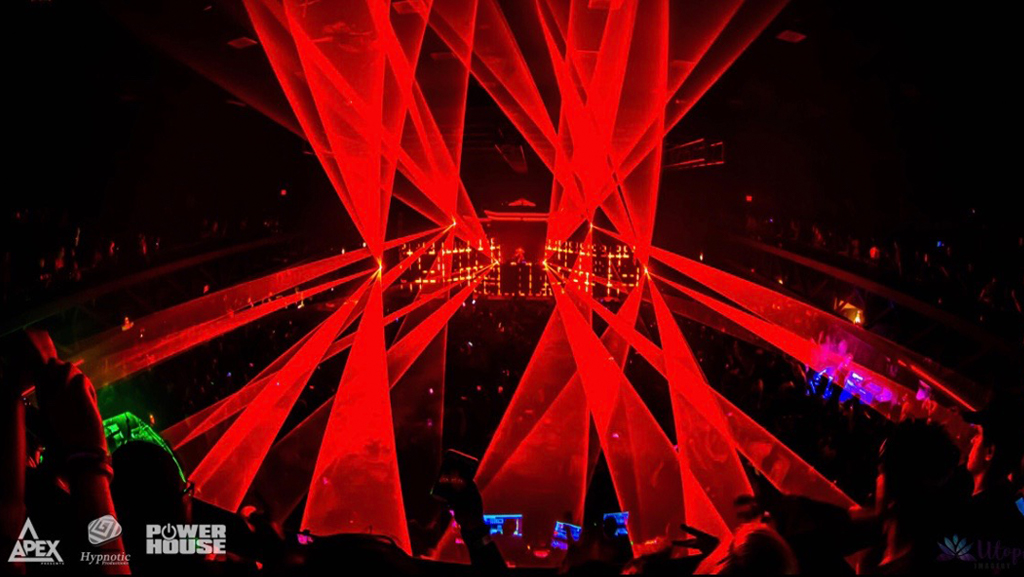 Wide crowd view of the Datsik Shogun Stage surrounded by red lasers