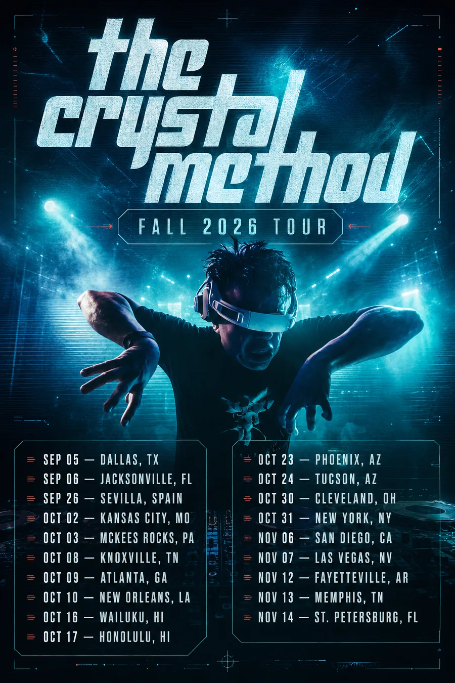 The Crystal Method Fall 2026 Tour poster with blue concert lighting and tour dates