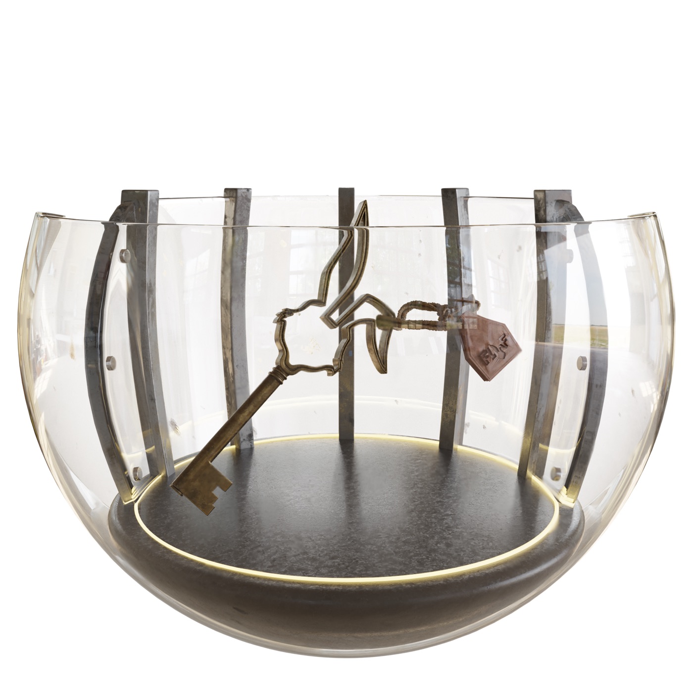 FLUF Key render in a glass display case