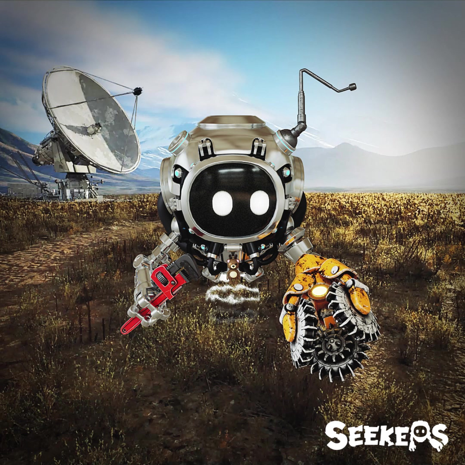 Square social frame with a Seeker character carrying butterfly-like gear