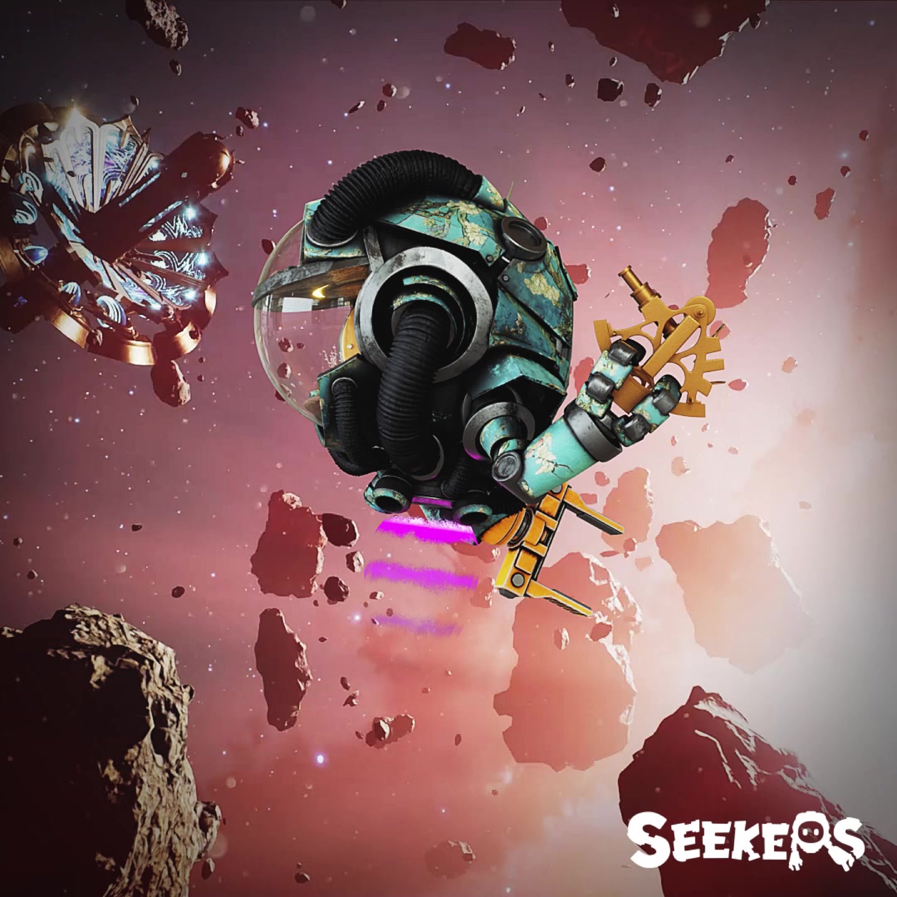 Alternate square social frame with a masked Seeker character