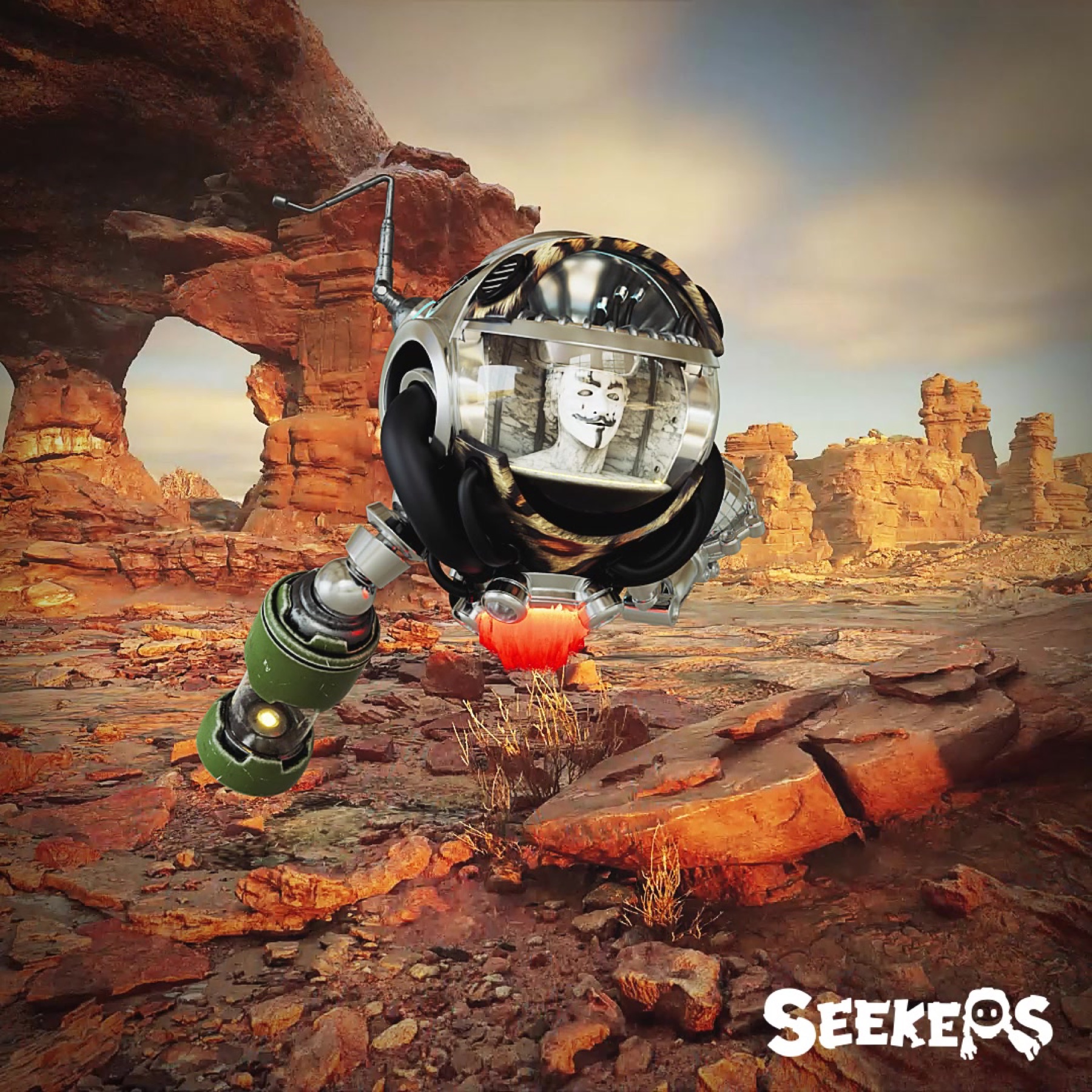 Square social frame with a Seeker character wearing a mask-like visor