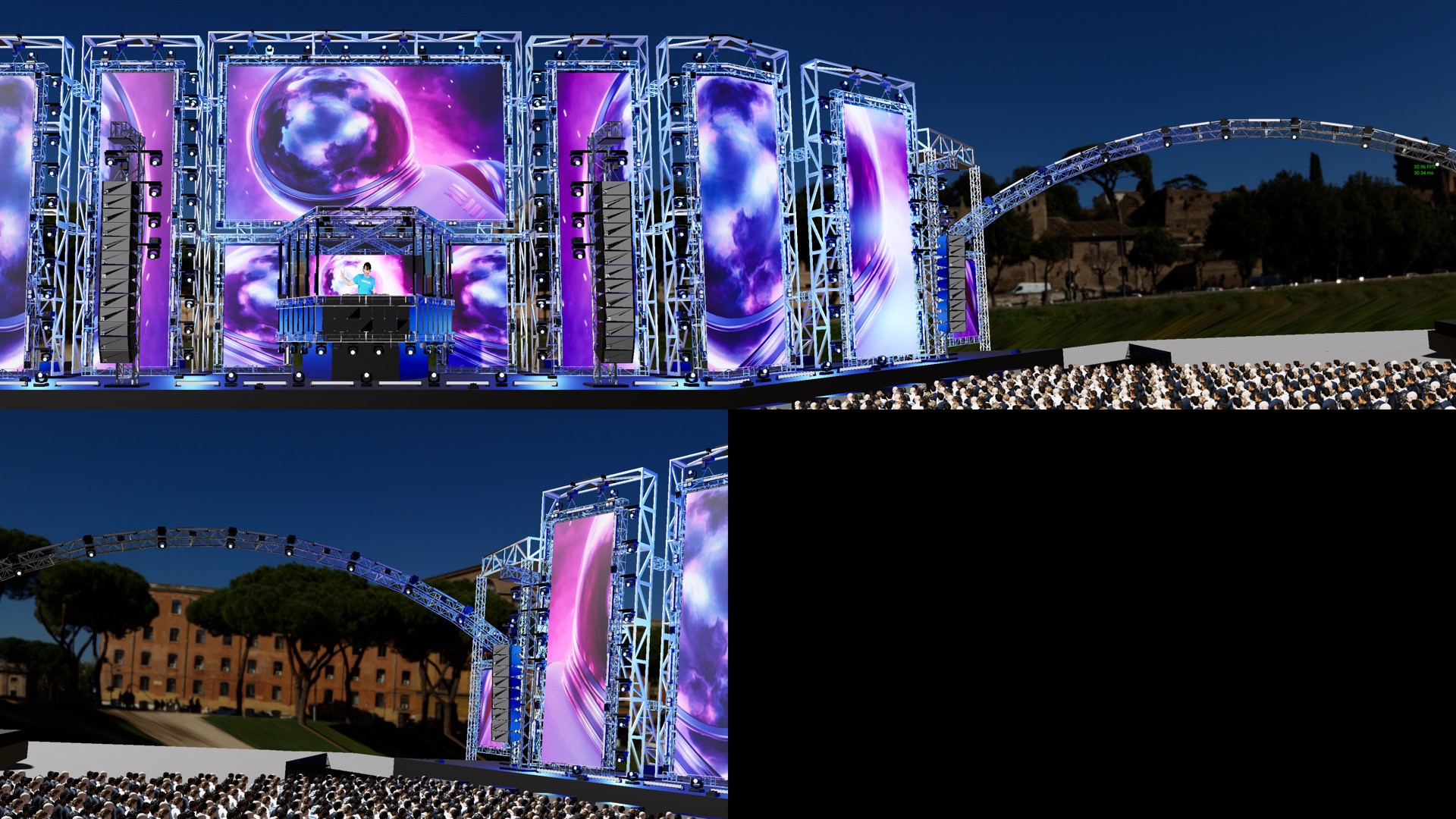 Front view of The Pentagon virtual stage and audience