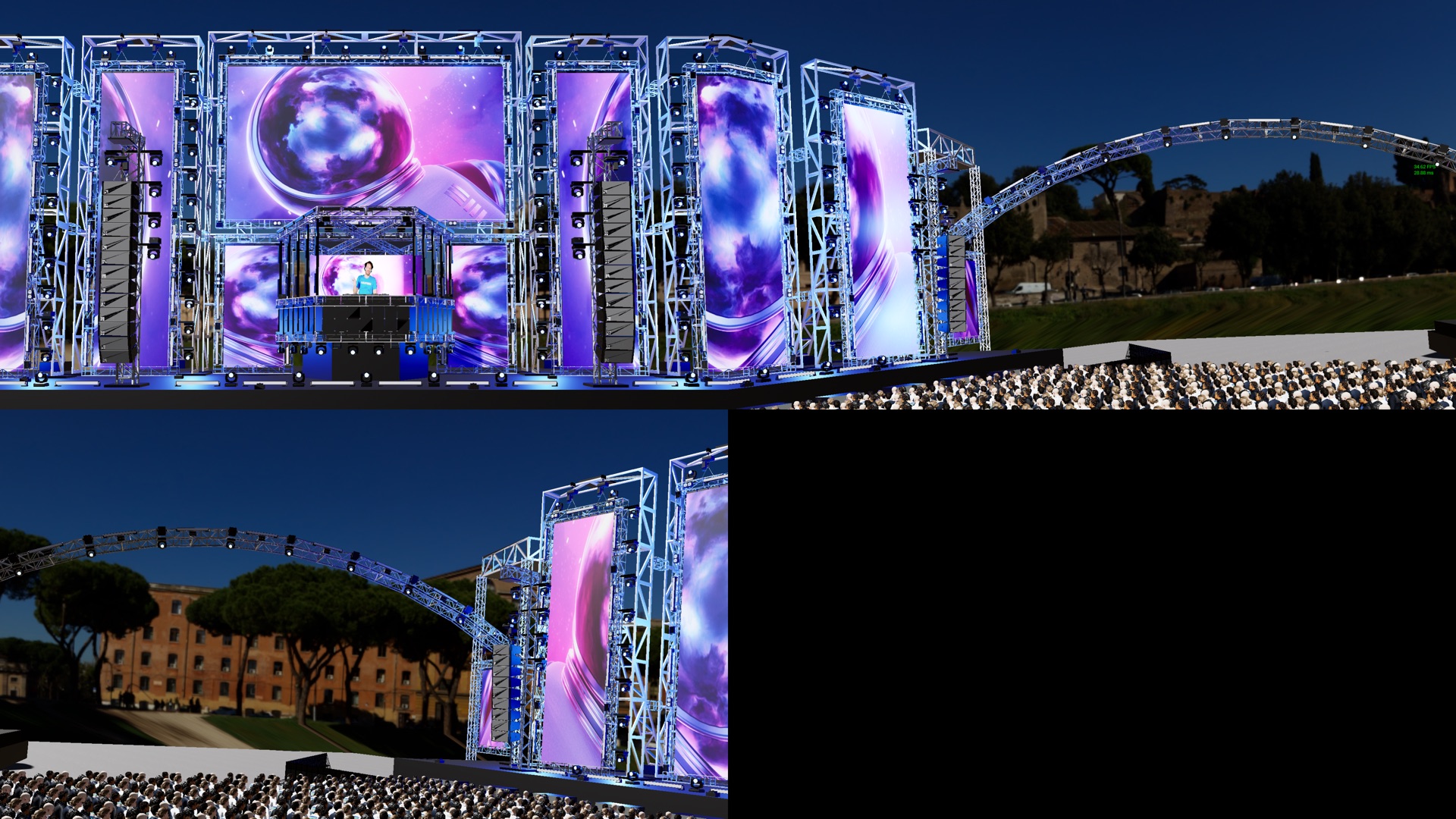Overhead oblique render of The Pentagon virtual venue and lighting truss