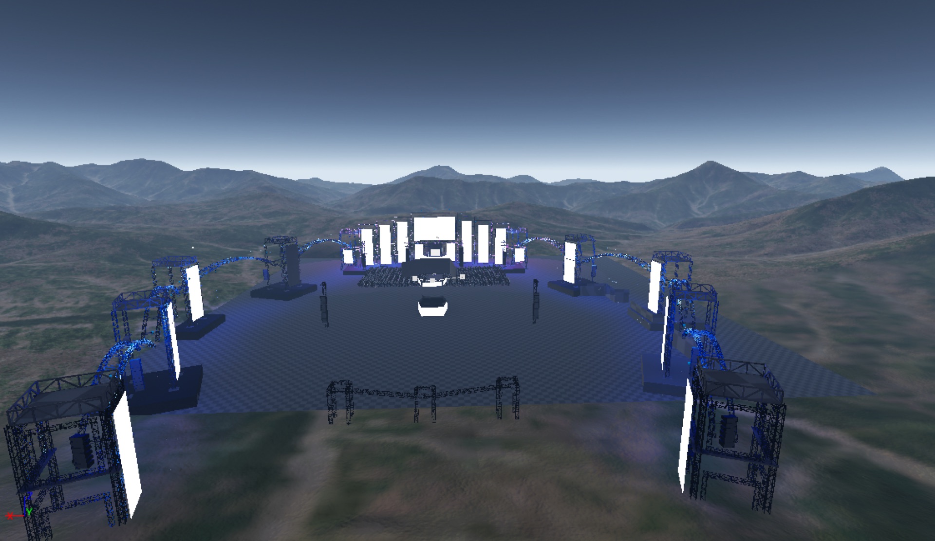Virtual production rig study for The Pentagon with mountains behind the stage