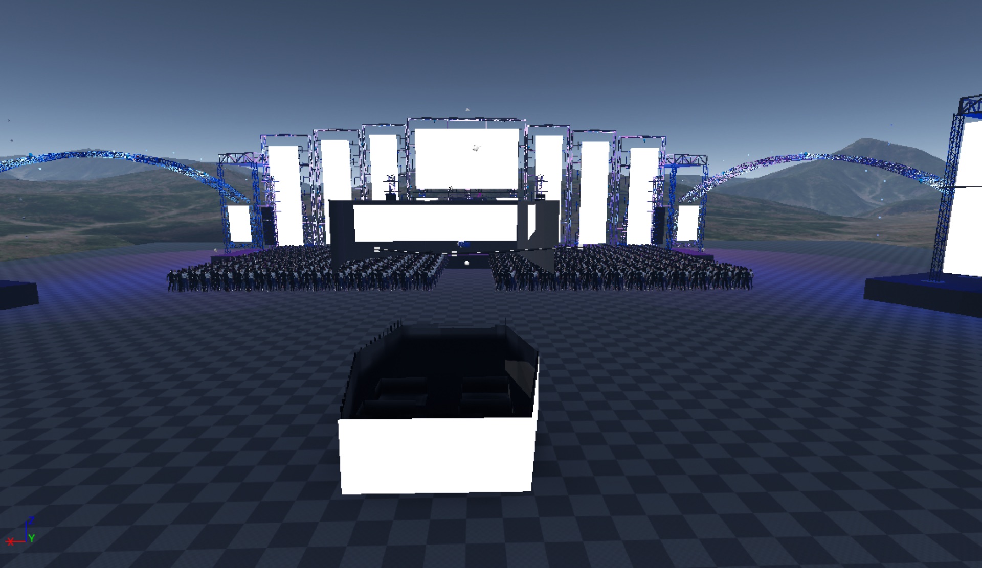 Rear oblique process render of The Pentagon stage world