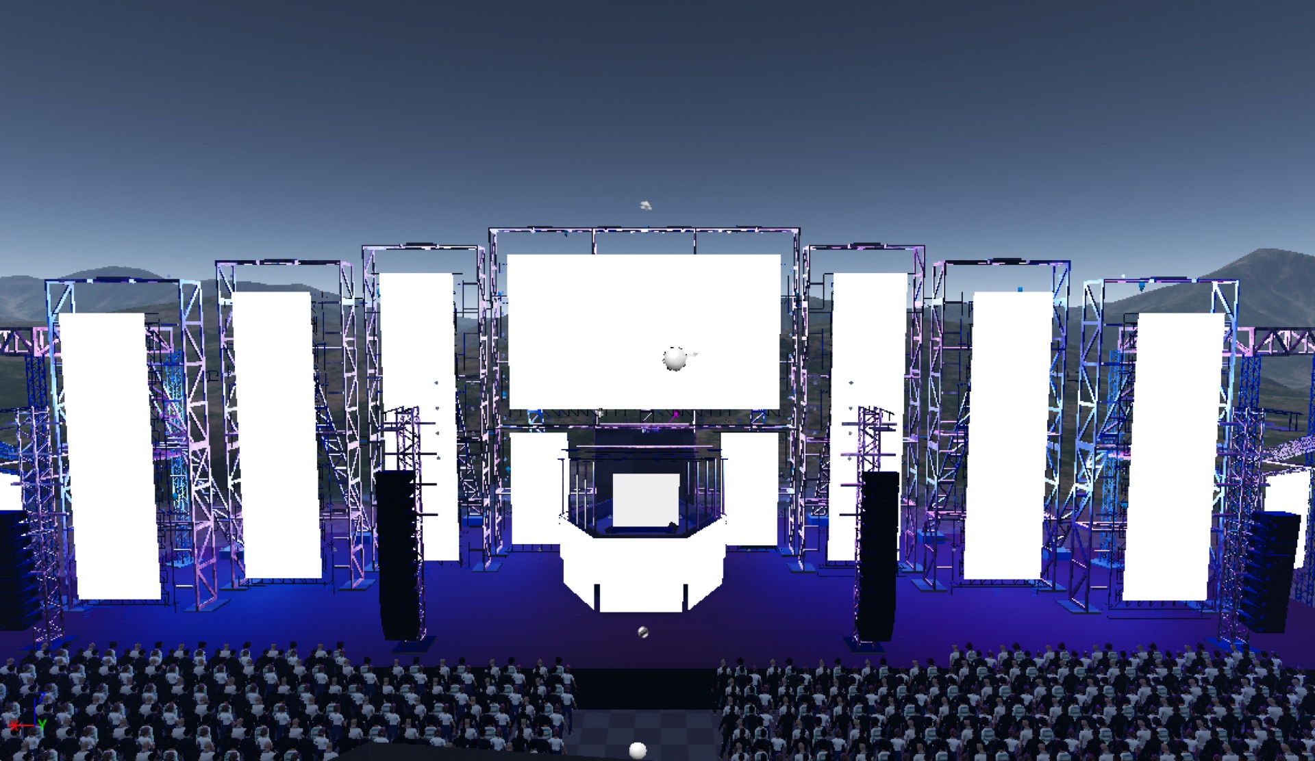 Side process render of The Pentagon with audience layout and LED pillars